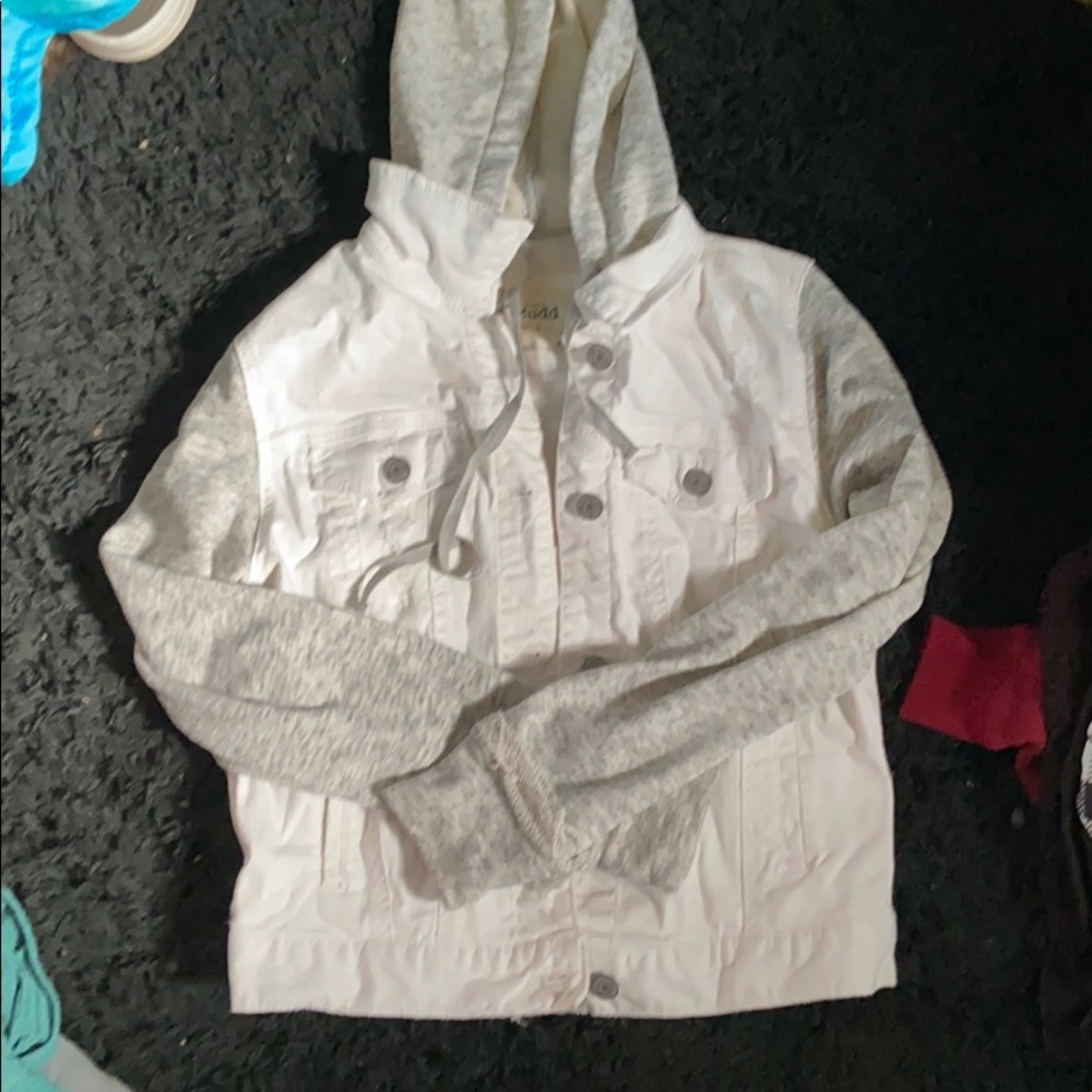 grey and white jean jacket